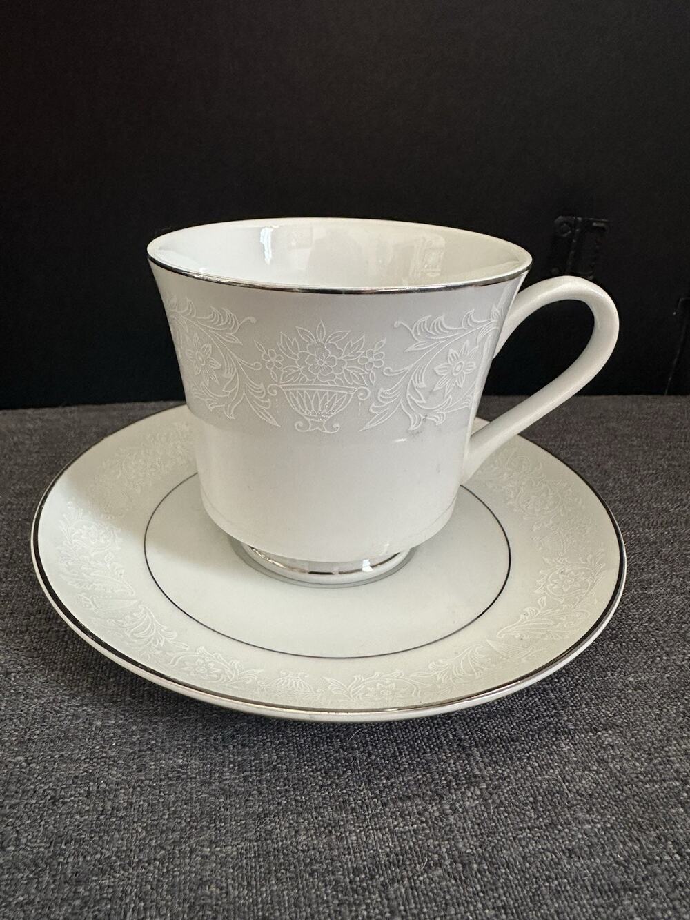 Crown Victoria Lovelace Fine China Cup & Saucer White Silver Made Japan Vintage